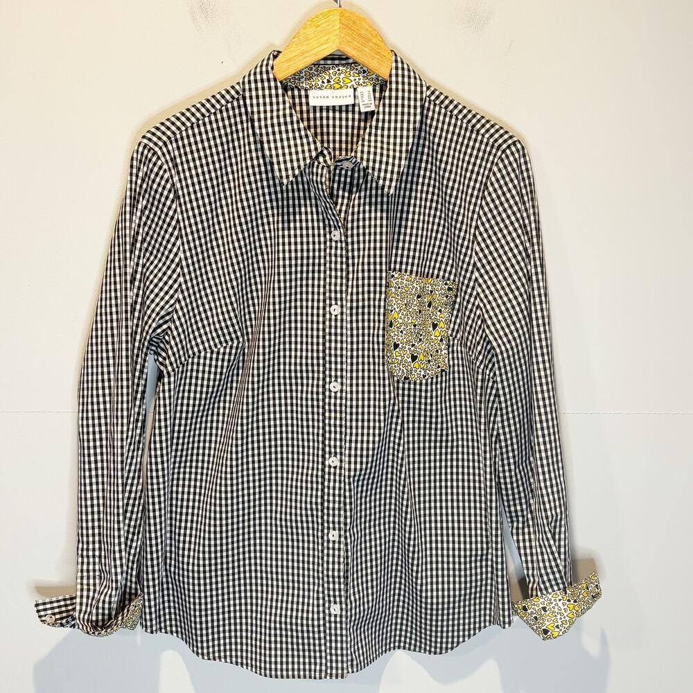 Susan Graver Gingham Plaid & Heart Print Button Down Shirt - size 14